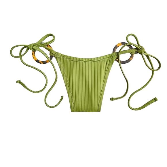 J Crew Canteen Green Wide Rib Tortoiseshell Ring String Bikini Bottom Sz S NWT - Picture 2 of 12